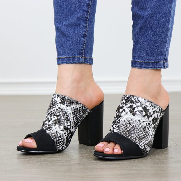 Snake Print Open Toe Slip on Chunky High Heel - Picture 2 of 7
